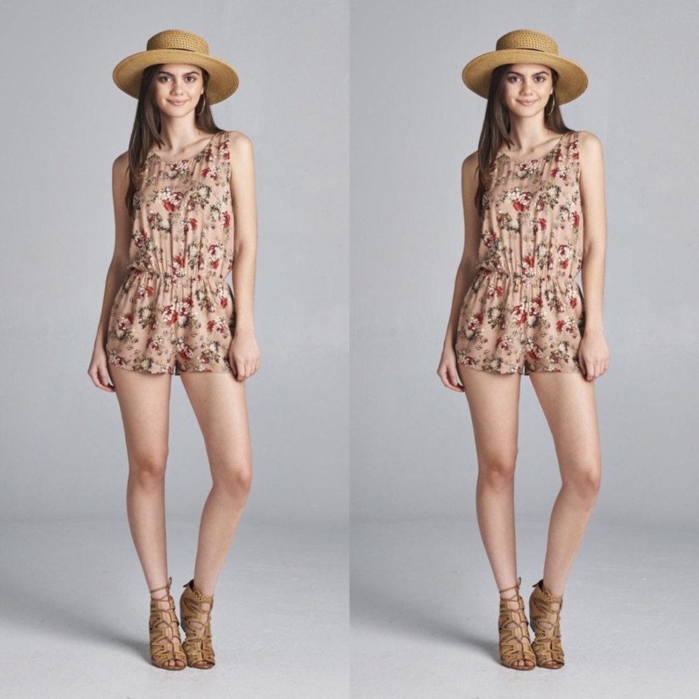 Sleeveless Round Neck Khaki Floral Romper - Picture 2 of 2